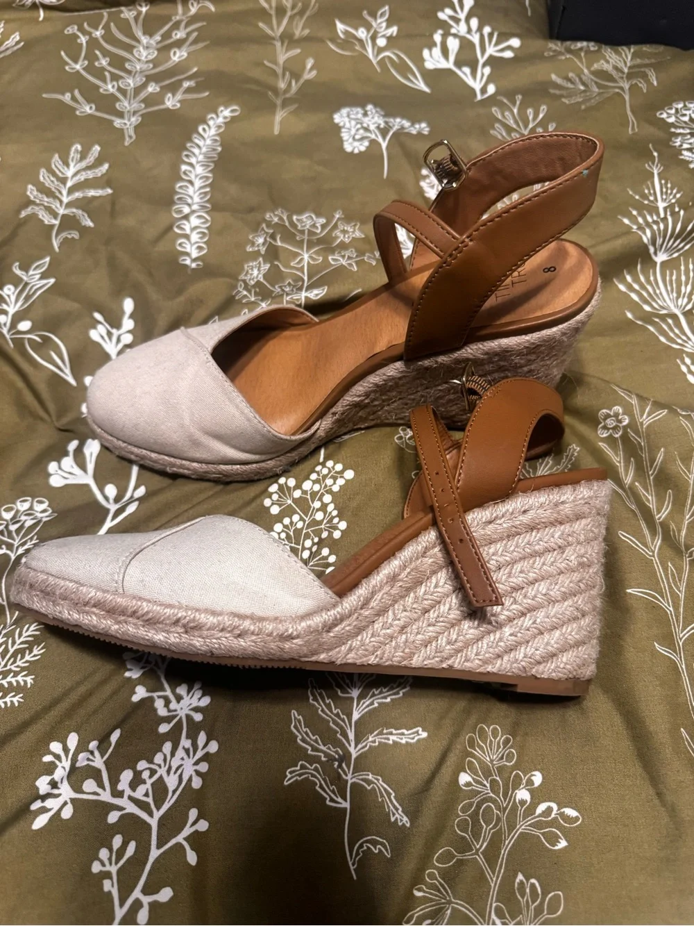Time and Tru Beige Canvas and Tan Strap Wedge Espadrilles